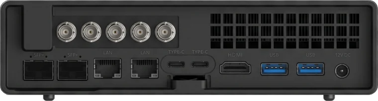 Compact SDI Codec rear panel: five BNC connectors, two SFP+ cages, two LAN ports, two USB-C, HDMI, two USB-A and a 12 volt DC inlet