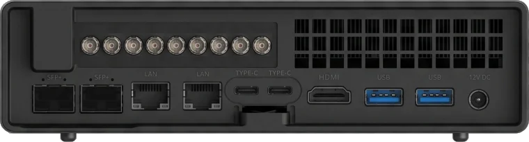 FC-CDX-8 rear panel: nine BNC connectors for eight SDI channels plus reference, two SFP+ cages, two LAN ports, two USB-C, HDMI, two USB-A and a 12 volt DC inlet