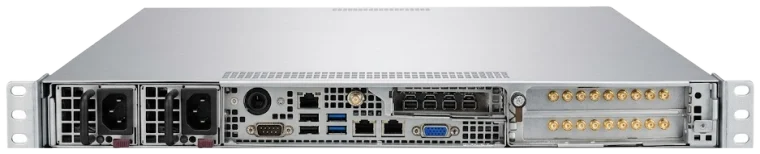 SDI Decoder, 1 RU rear panel: dual redundant power supplies and sixteen BNC outputs across two SDI capture cards