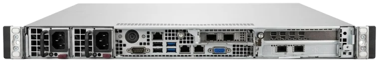 ST 2110 Encoder, 1 RU rear panel: dual redundant power supplies, management and USB, and two 25GbE network cards carrying four 25GbE SFP28 ports