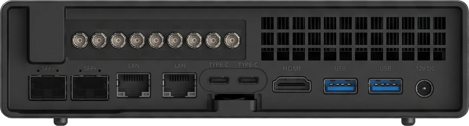 Compact SDI Codec, rear panel with eight BNC connectors, SFP+ and LAN ports