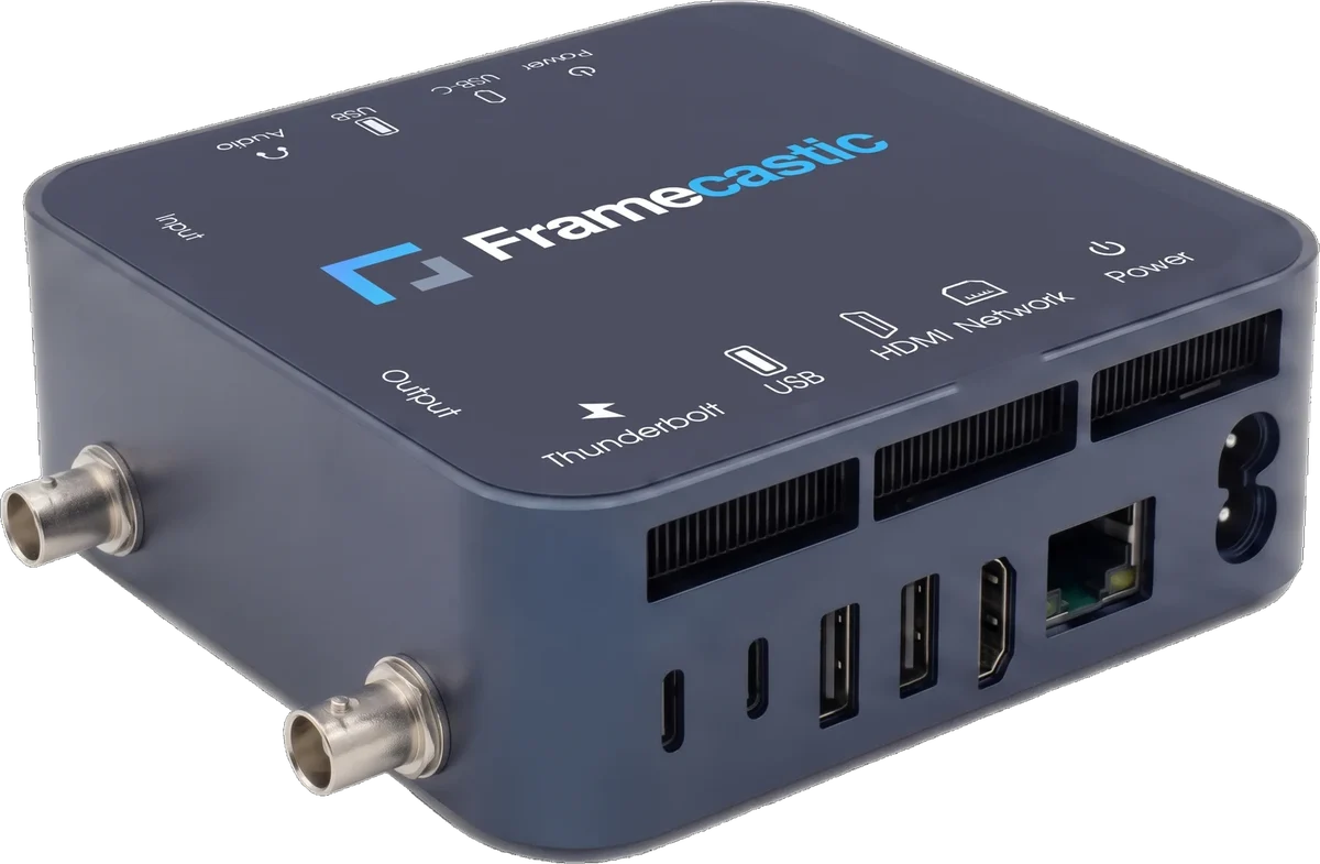 Portable Codec, a small box with SDI input and output on the side and Framecastic on the lid
